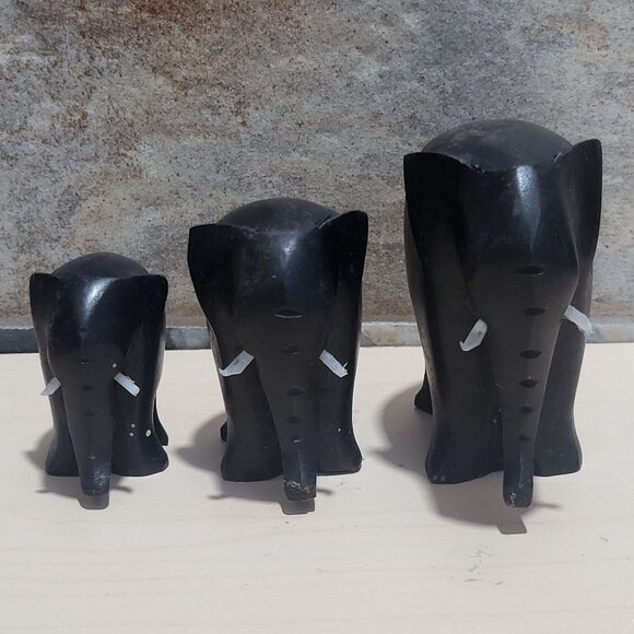Hand Carved Black Wood Elephant Figurines Set of 3 - Picture 2 of 10